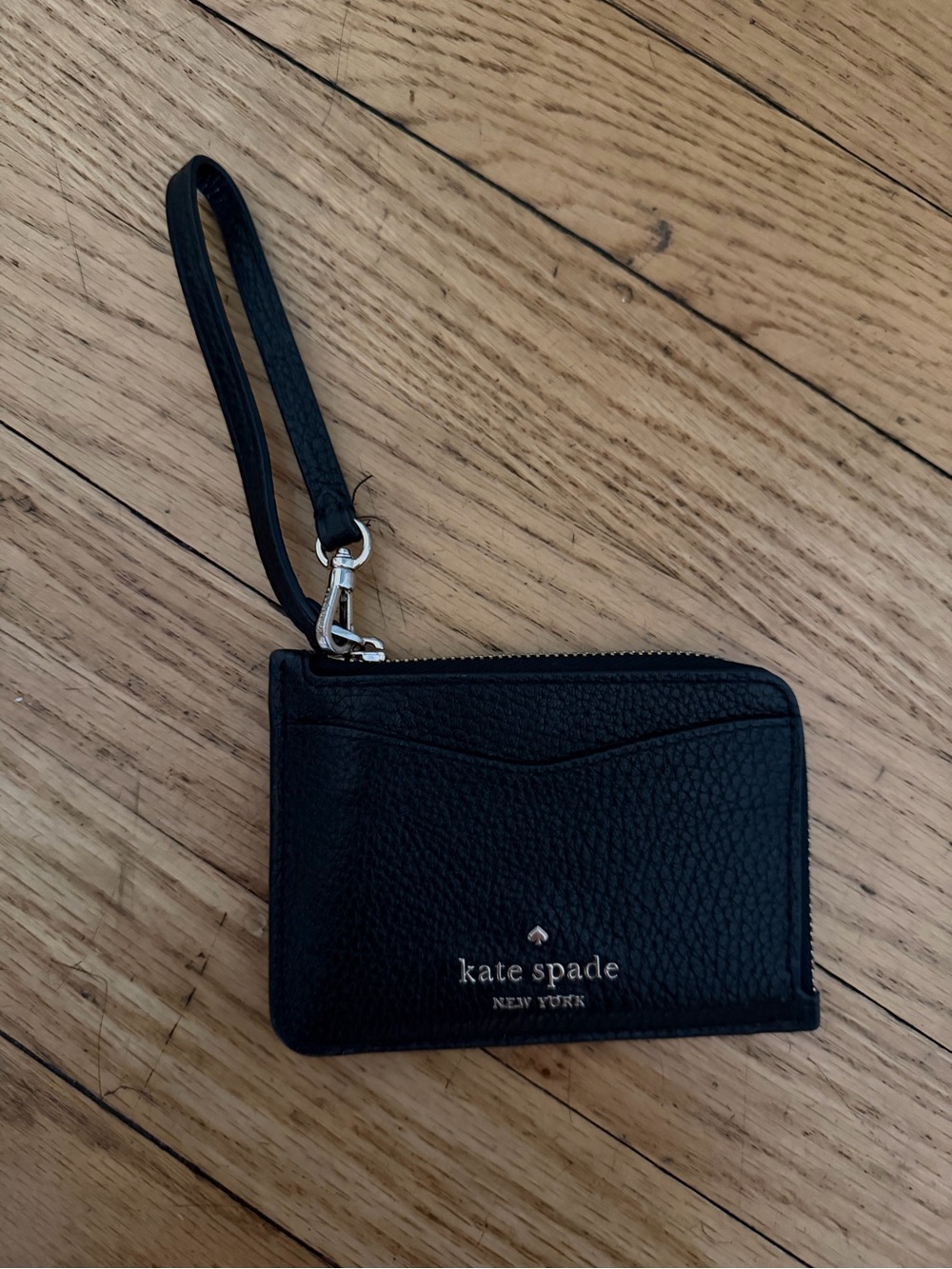 kate spade Black Pebbled Leather Wristlet Card Case with Strap